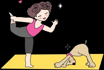 Woman doing a yoga pose on a mat with her dog