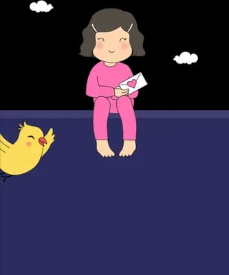 Girl sitting on a dark block with a yellow bird