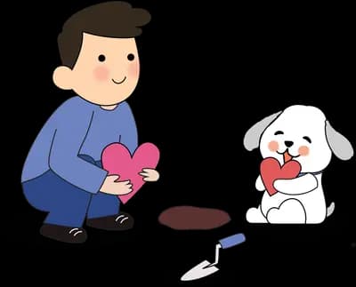 Man kneeling to feed his dog from a bowl