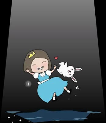 Girl leaping over a puddle with a rabbit