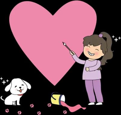 Girl decorating a giant pink heart with her dog
