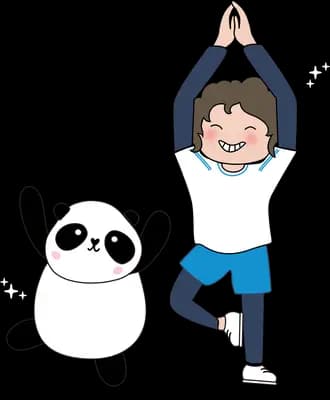 Boy and panda doing a tree yoga pose together