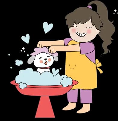 Woman washing her dog in a basin