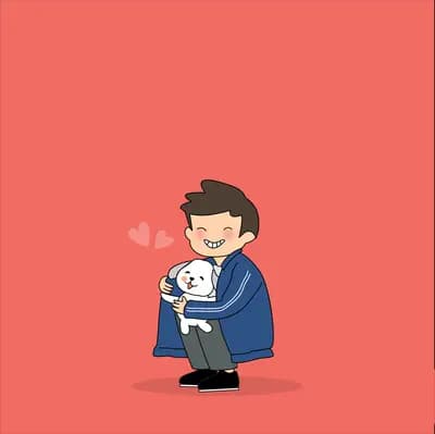 Man kneeling and holding his dog on a red ground
