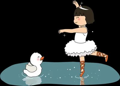 Ballerina girl on pointe beside a duck in water