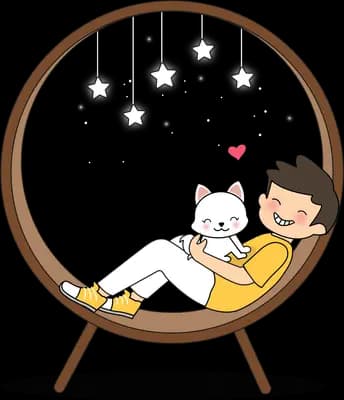Couple relaxing in a round hanging chair with a cat