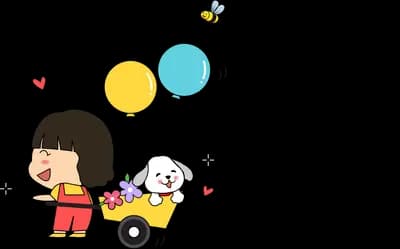 Girl with balloons and a dog beside a small cart