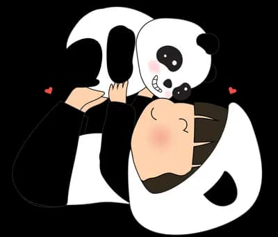 Girl hugging a large panda with hearts