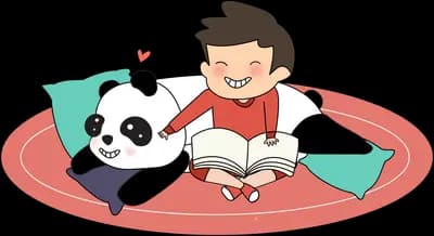 Couple reading on a red rug with a panda