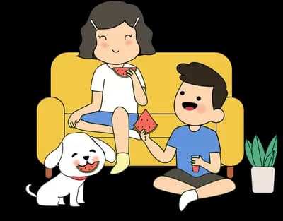 Family relaxing on a yellow sofa with their dog