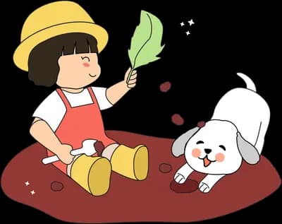 Girl in a sun hat gardening with her dog on soil