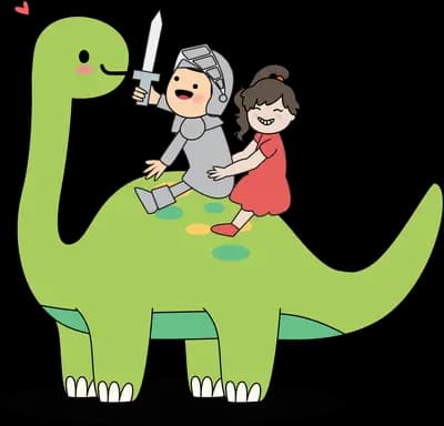 Children in armour riding a green dinosaur