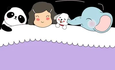 Girl asleep in bed with panda, dog and elephant toys