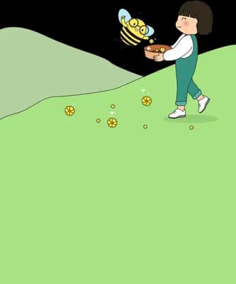 Girl carrying a tray up a green slope with a bee
