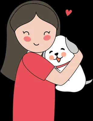 Woman in red holding her dog close with a heart