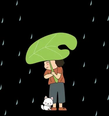 Couple sheltering under a leaf with their dog