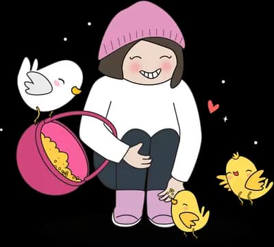 Woman in winter clothes with a bag and chicks