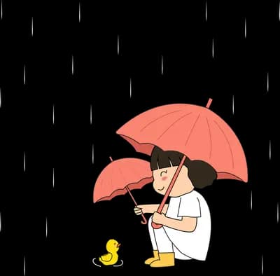 Girl in a raincoat under a red umbrella with a duck