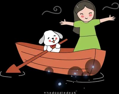 Girl with arms open in a boat with her dog