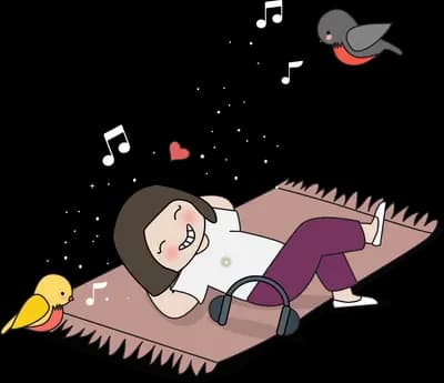 Girl lying on a giant spiral notebook with a chick and a bird nearby