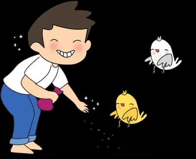Boy bending down to scatter seed for a chick and a small bird