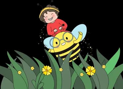 Boy in a bee headband riding a large bee over grass and yellow flowers