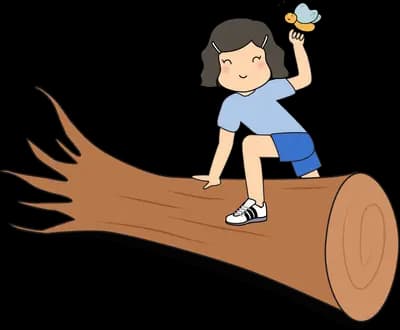 Girl sitting on a fallen log holding up a small bird