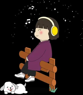 Girl in headphones sitting on a wooden bench with a puppy resting below