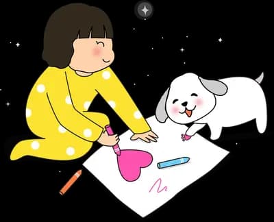 Girl in yellow pyjamas drawing a pink heart on paper while a puppy watches