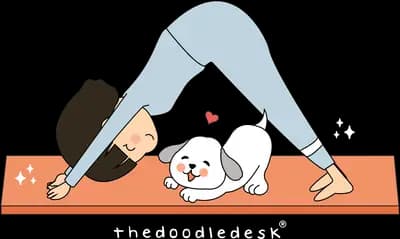 Woman in downward dog pose on a mat over a white puppy lying beneath