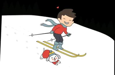 Boy skiing down a snowy slope with a small white dog following