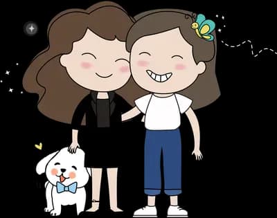 Two smiling women standing arm in arm with a small white dog at their feet