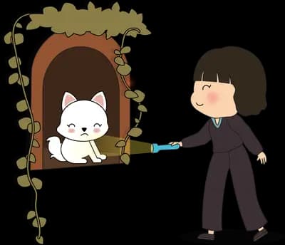 Girl offering food to a white cat sitting in an ivy-covered arched niche