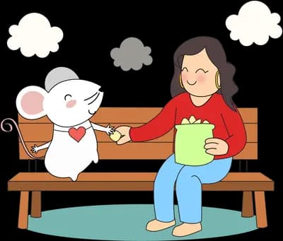 Woman sharing popcorn with a large white mouse on a park bench under clouds