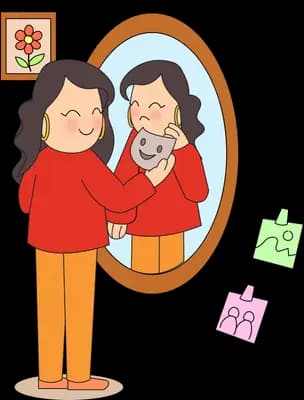 Woman standing before an oval mirror whose reflection holds a cat beside small photo cards