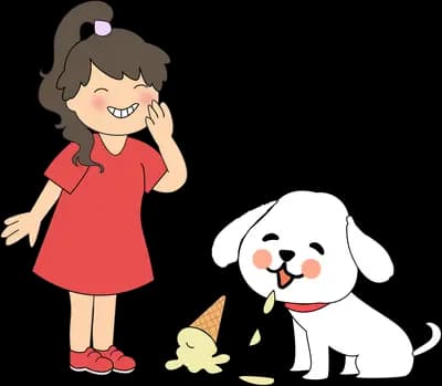Girl crying over her dropped ice cream while a white dog watches