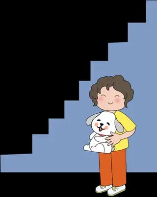 Girl carrying her white dog at the foot of a blue staircase