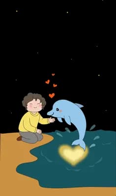 Boy on a ledge reaching to a small dolphin leaping from a glowing heart of water
