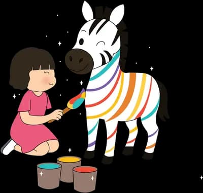 Girl painting black stripes onto a white horse to make it a zebra