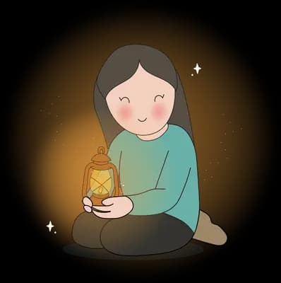 Woman sitting on the ground holding a small animal inside a warm halo of light