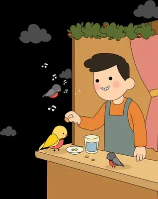 Man at a window counter feeding a small bird beside his cup