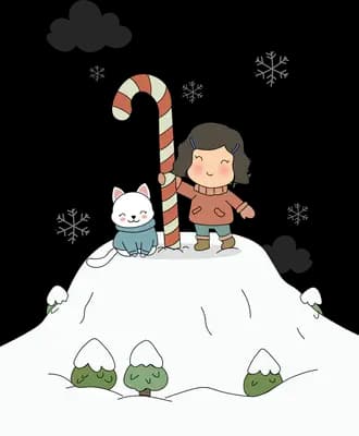 Girl planting a candy cane flag on a snowy peak beside a small white rabbit