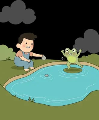 Boy fishing at the edge of a pond while a frog sits on a lily pad