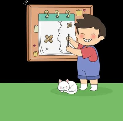 Boy tearing a pinned sheet of paper off a corkboard while a white cat watches at his feet