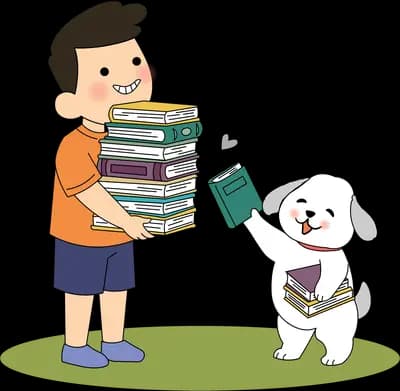 Boy carrying a tall wobbling stack of books while a white dog holds out another one