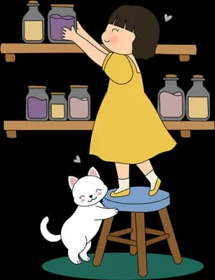 Girl on a stool stretching to reach a jar on a high shelf while a white cat watches below