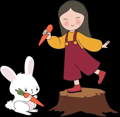 Girl dancing on a tree stump waving a carrot while a white rabbit hops below