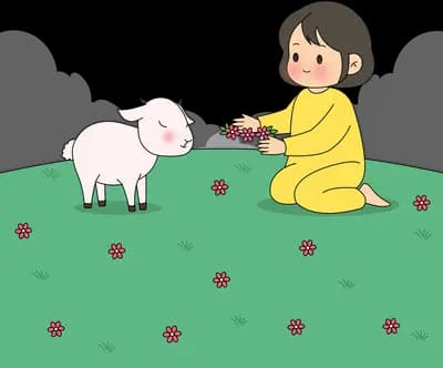 Woman in yellow kneeling on a flowering green field offering flowers to a white goat