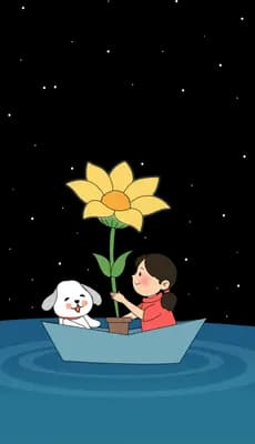 Child and a white dog in a small boat with a yellow lily on blue water