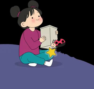 Girl holding an open box as a glowing ladybug rises from it